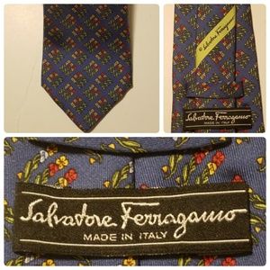 Salvatore Ferragamo Blue Floral Tie Italy Silk